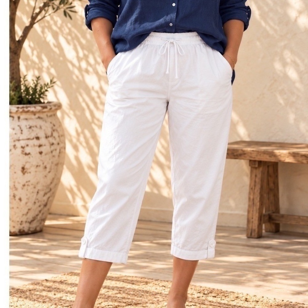 Talbots White Cotton Blend Drawstring Crop Pants XL Coastal Casual